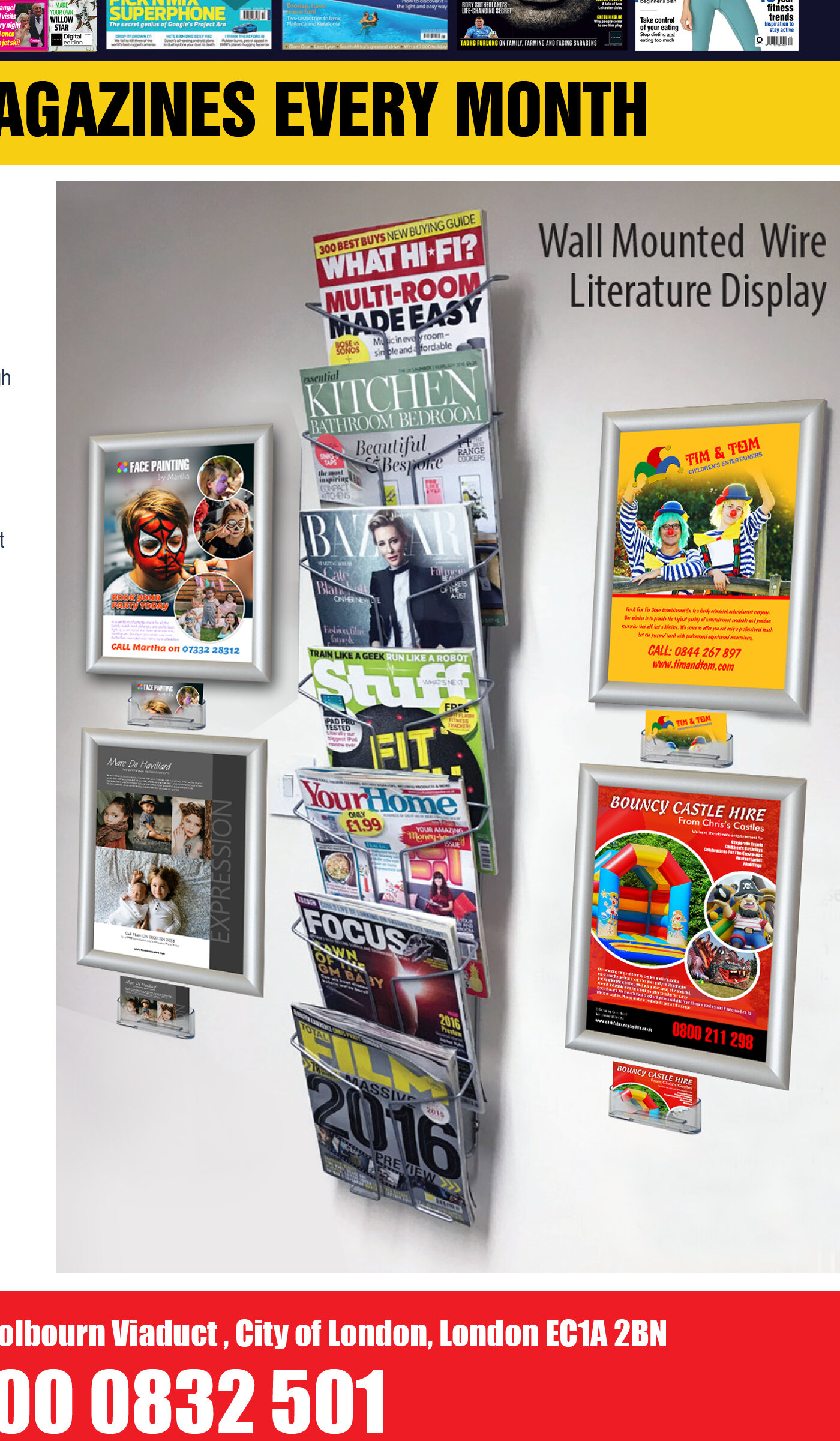 Wall-mounted wire magazine rack filled with free magazines, flanked by four advert posters that fund the Freemags service